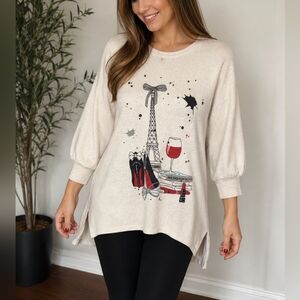 ColorTree Paris Fashion Graphic Cozy Knit Sweater Dress Tunic Cream Beige Size L